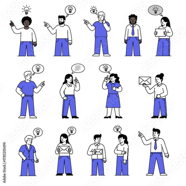 Fototapeta Set of diverse cartoon people characters with ideas and communication concepts.