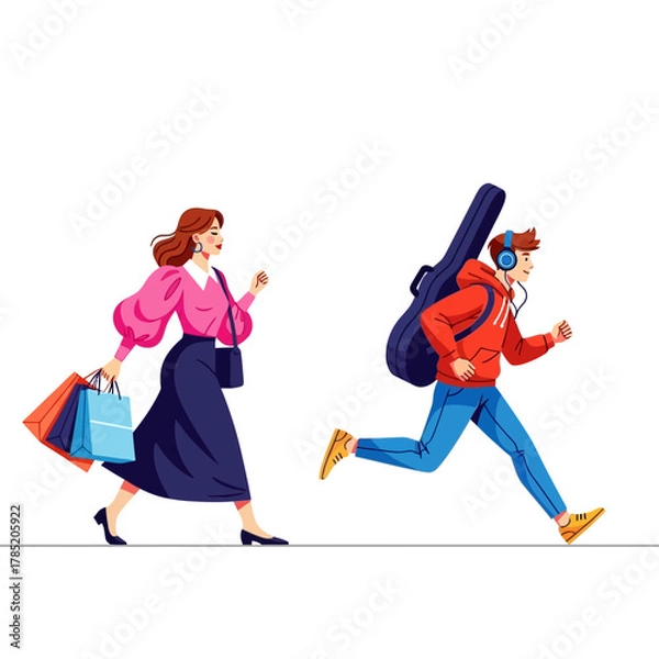 Fototapeta Woman with shopping bags and man with guitar case walking quickly.