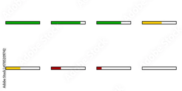 Fototapeta Sprite Sheet of a Draining Health Bar Icon Set with Green, Yellow and Red Steps for Game UI Animation. Vector Image.