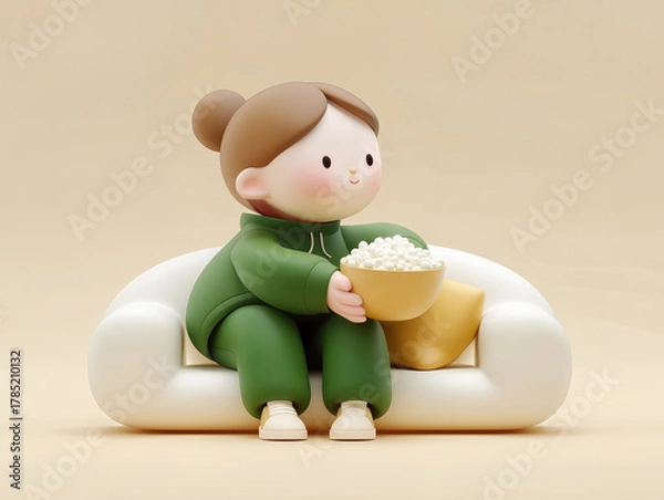 Obraz 3d winter Korean Cute Girl character sitting on white sofa with popcorn bowl in warm background