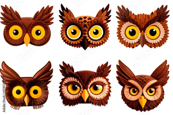 Fototapeta Felt owl faces set in warm brown tones isolated on a transparent background