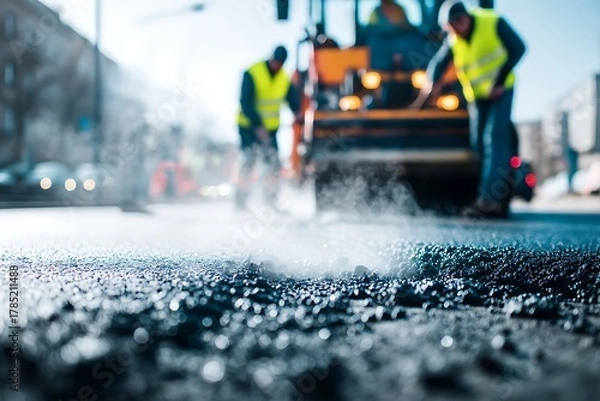 Fototapeta Ultra-low-angle, close-up of steaming new asphalt being laid on a city street, with blurred road construction workers and heavy machinery in the bright background.