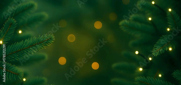 Fototapeta Moody close-up of green pine needles with warm golden bokeh christmas lights background.