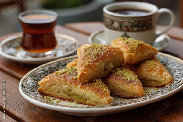 Fototapeta Katmer Turkish dish filled with pistachios and kaymak, crunchy pastries, drizzled with a little honey, sprinkled with crushed pistachios, served at a cafe table