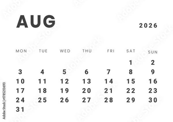 Obraz Monthly page Calendar Planner Template design of August 2026. Vector layout of calendar with week start Monday for Scheduling. Page for size A4 or 21x29.7 cm