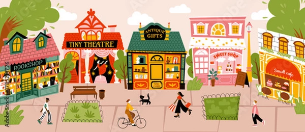 Fototapeta Illustration of a colorful town street with small shops — bookshop, theatre, antique store, sweet shop, and café. Cozy urban lifestyle, shopping and leisure concept in flat vector style.
