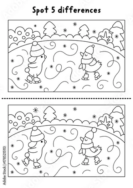 Obraz Christmas line find differences game. Winter holiday black and white activity with rabbit and bird skating on the rink. Printable worksheet, coloring page for kids with New Year character