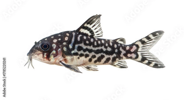 Fototapeta Detailed Studio Shot of a Panda Corydoras Fish Isolated on Black Background