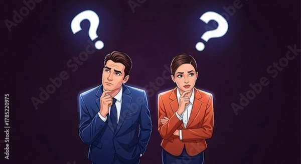 Fototapeta Confused business colleagues ponder questions seeking solutions in the workplace perfect for illustrating problem-solving and brainstorming in business settings.