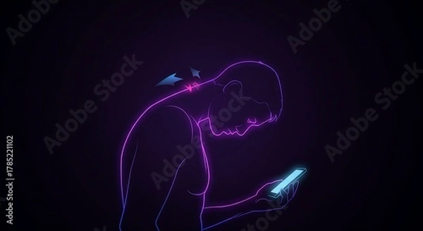 Fototapeta man using phone with neck pain illuminated neon outline depicting musculoskeletal disorders from excessive mobile usage suitable for health awareness campaigns