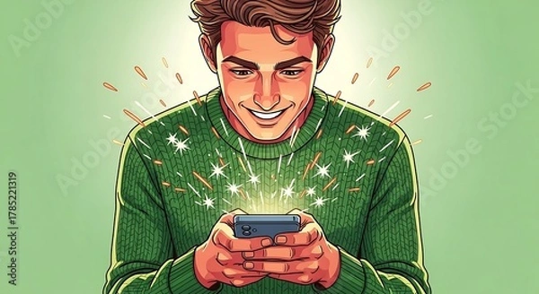 Fototapeta Man using smartphone with sparkling screen sharing content for social media engagement in a digital world perfect for tech blogs and modern marketing