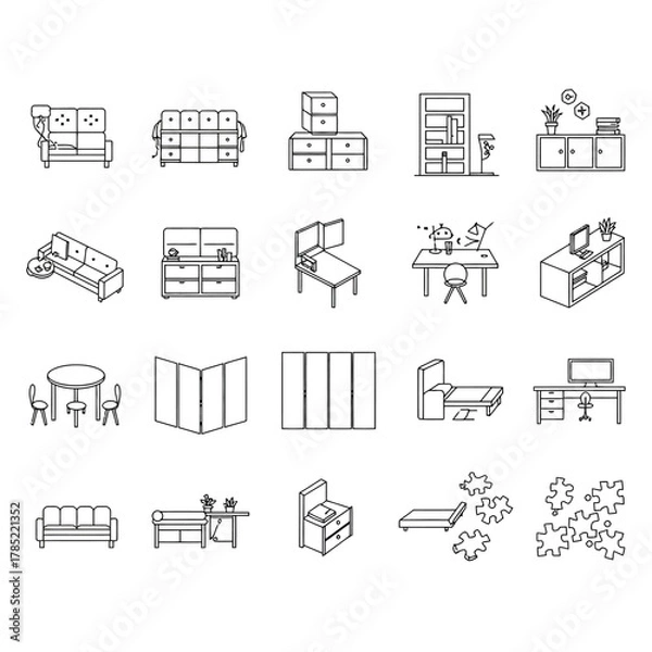 Fototapeta furniture icons furnishing a modern home with detailed line art of sofas tables beds desks and storage solutions ideal for interior design concepts.