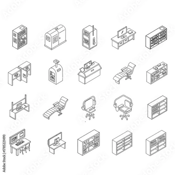 Fototapeta isometric furniture icons showcasing office and home decor perfect for interior design mockups emphasizing 3d rendering vector graphics and stylish layouts