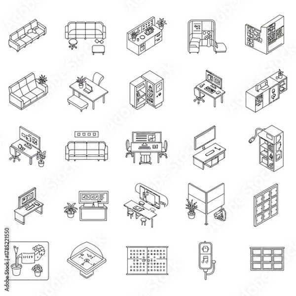 Fototapeta office furniture outline icons depicting workplace interiors providing detailed design assets for architecture projects  interior design concepts.