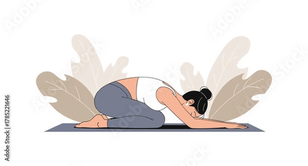 Fototapeta Woman practicing yoga in child pose with nature-inspired background