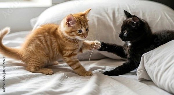 Fototapeta Playful kittens playfully batting at a string on a white bedsheet under soft indoor lighting perfect for pet blog or cute animal content
