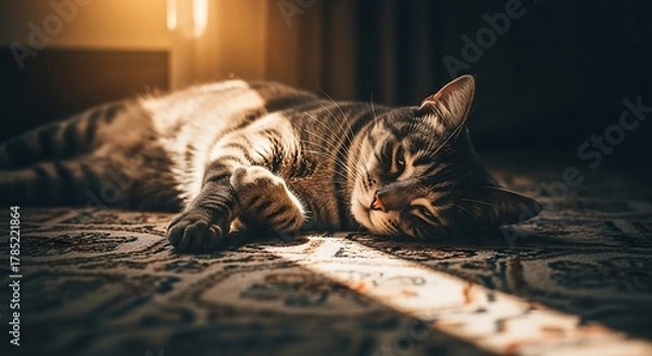 Fototapeta Tabby cat napping on a rug bathed in sunlight resting comfortably in a home creating a warm cozy mood ideal for pet blogs  home decor