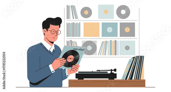 Fototapeta Man discovering rare vinyl records in a retro music store with turntable