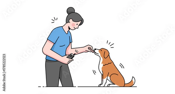 Fototapeta Woman training dog with clicker in minimalist style