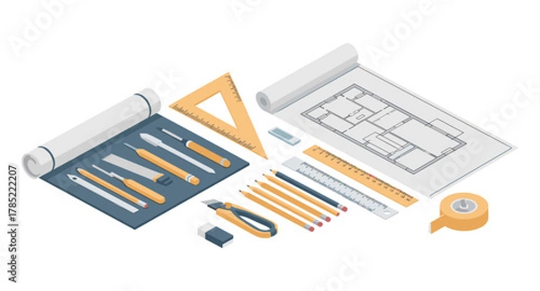 Fototapeta Detailed isometric architectural blueprint with drawing tools for design and planning
