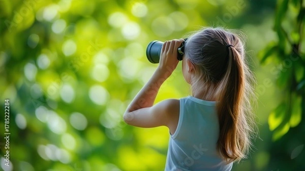 Fototapeta Young girl observing nature through binoculars with a curious mood in a green outdoor setting