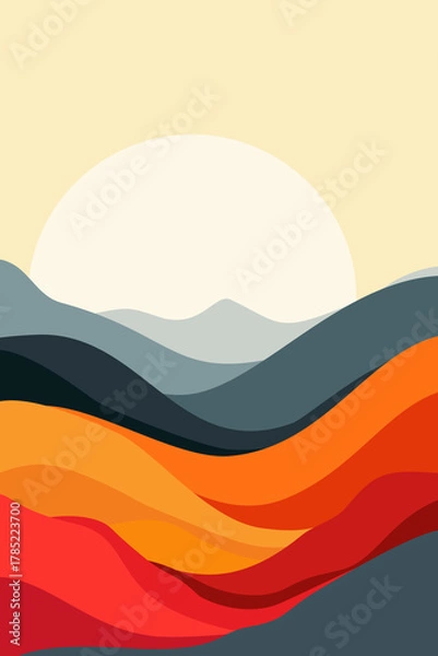 Fototapeta Colorful abstract landscape with layered mountains and hills in warm red, orange, and gray tones. Minimalist sunrise scene symbolizing nature, balance, and harmony.