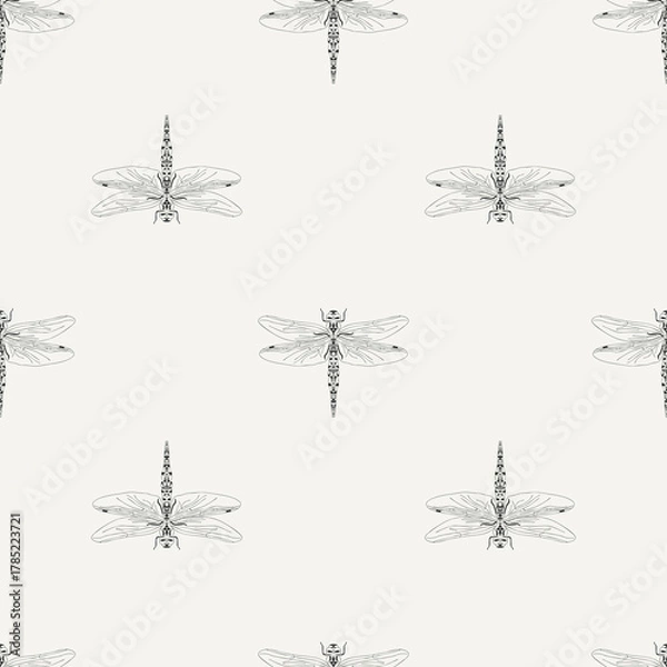 Fototapeta Vector seamless dragonfly hand drawn pattern background
