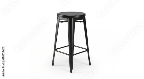 Fototapeta A single black metal bar stool with a round seat and four tapered legs on a white background.