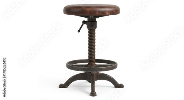 Fototapeta Industrial style adjustable height bar stool with a round brown leather seat and cast iron base, isolated on a white background.
