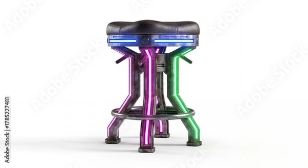 Obraz A futuristic bar stool with vibrant purple and green legs and blue LED lighting on the seat.