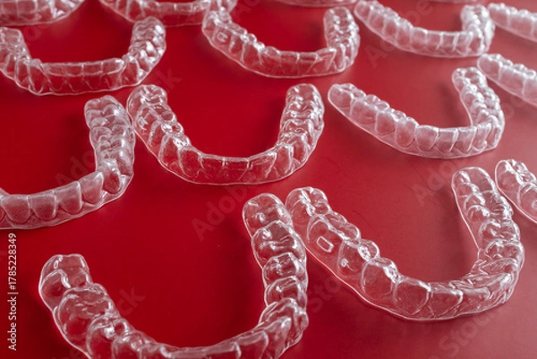 Fototapeta Invisible orthodontics cosmetic brackets on blue background. Tooth aligners, for beautiful smile. This invisible aligner showcases a modern approach to orthodontics and confidence in her appearance.