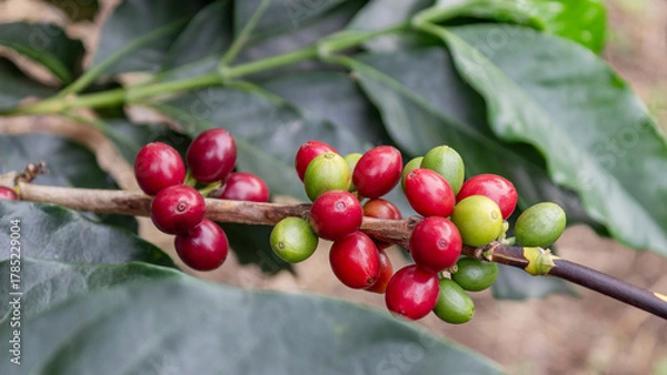 Fototapeta Coffee cherries in vibrant red and green resting on a branch above broad green leaves, captured in a tropical plantation. Perfect for representing organic coffee farming.