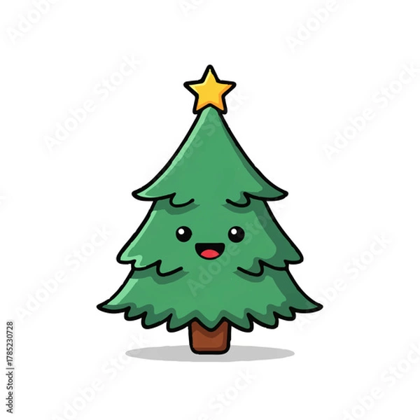 Fototapeta Smiling Cartoon Christmas Tree with Star on White

