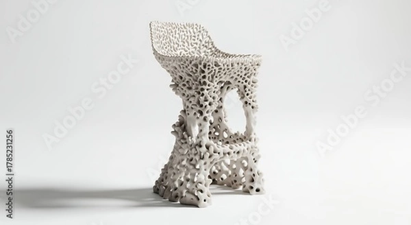 Obraz Intricate 3D-printed chair with a porous, organic design, standing on a white surface, casting a soft shadow.