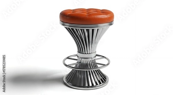 Fototapeta Modern orange upholstered bar stool with a unique silver fluted metallic base and integrated footrest.