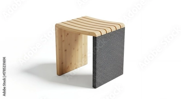 Fototapeta A modern wooden stool with a curved seat and a dark textured side, isolated on a white background.