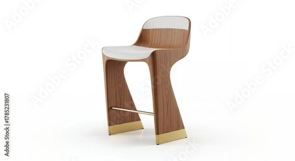 Fototapeta A modern wooden bar stool with a white seat and brass accents on a white background.