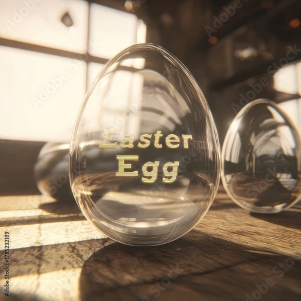 Fototapeta Transparent easter egg with text on wooden surface and soft lighting