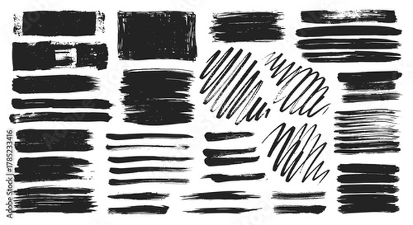 Fototapeta Diverse black brush strokes and scribbles collection on white background, for design