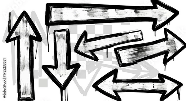 Fototapeta Hand-Drawn Arrow Set in Black and White with Drips, Pointing in Various Directions