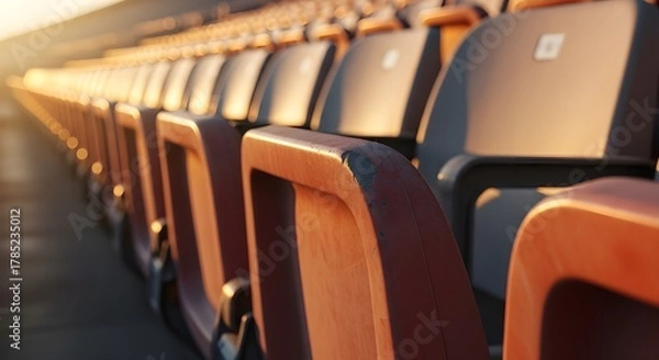 Fototapeta Empty stadium seats bathed in golden light invite reflection and anticipation for upcoming games, offering a sense of community and excitement