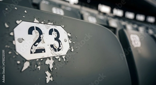 Obraz Peeling paint on weathered stadium seat number twenty three offers vintage grunge aesthetic for sports or event themes