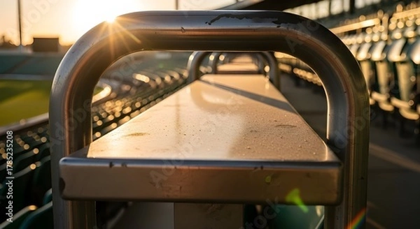 Obraz Golden hour sunbeams illuminate empty stadium seats, evoking anticipation and the quiet before the game begins