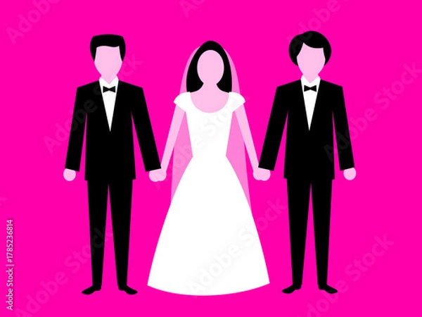 Fototapeta Polygamy and polyandry - one woman and female is married to multiple males and men. Bride is choosing between two rival grooms and announcement of winner. Adultery and infidelity. Vector illustration.