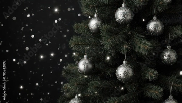Fototapeta Elegant Christmas Tree with Silver Ornaments and Falling Snow.