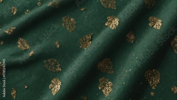 Fototapeta Elegant emerald green fabric with golden leaf patterns, luxurious textile design.