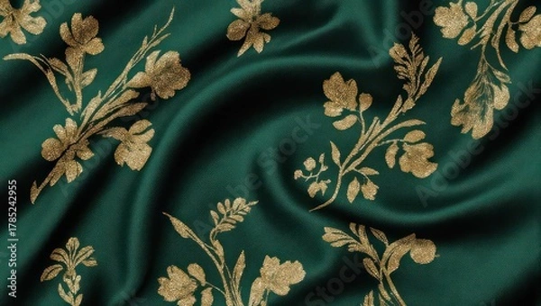 Fototapeta Elegant Emerald Green Silk Fabric with Golden Floral Pattern.