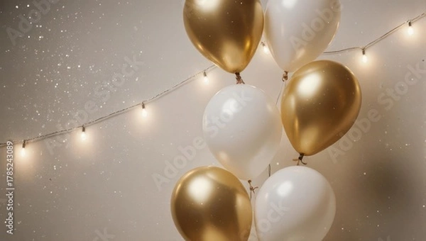 Fototapeta Elegant Gold and White Balloons with String Lights for Celebration.