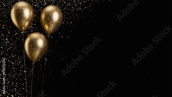 Fototapeta Elegant Golden Balloons on Black Background with Confetti.