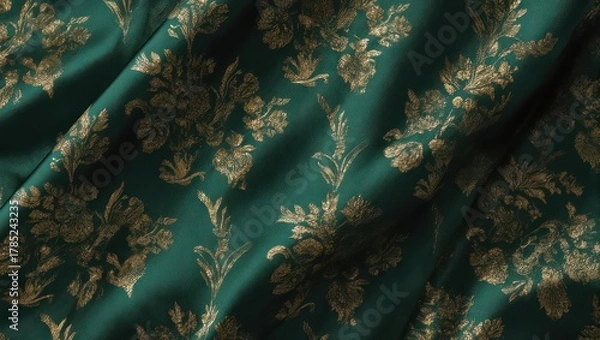 Fototapeta Elegant Green Fabric with Intricate Floral Pattern and Soft Folds.